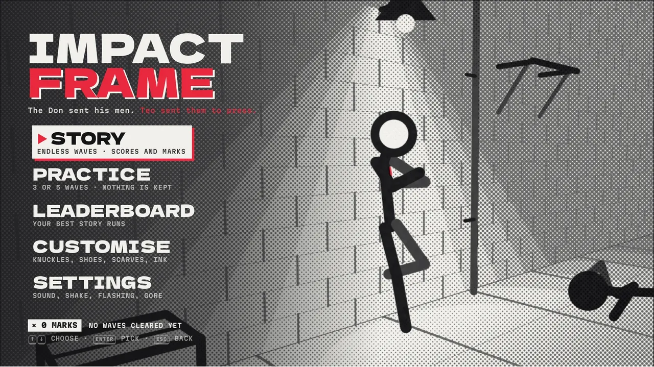 The main menu: Teo leans on a brick wall under a lamp, with the men who came for him lying where they fell.